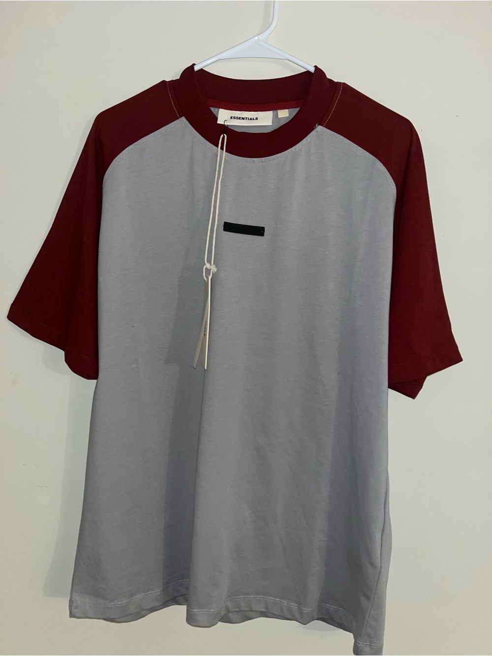 ESSENTIALS Two-Tone Grey Body with Burgundy Raglan Short Sleeve Tee